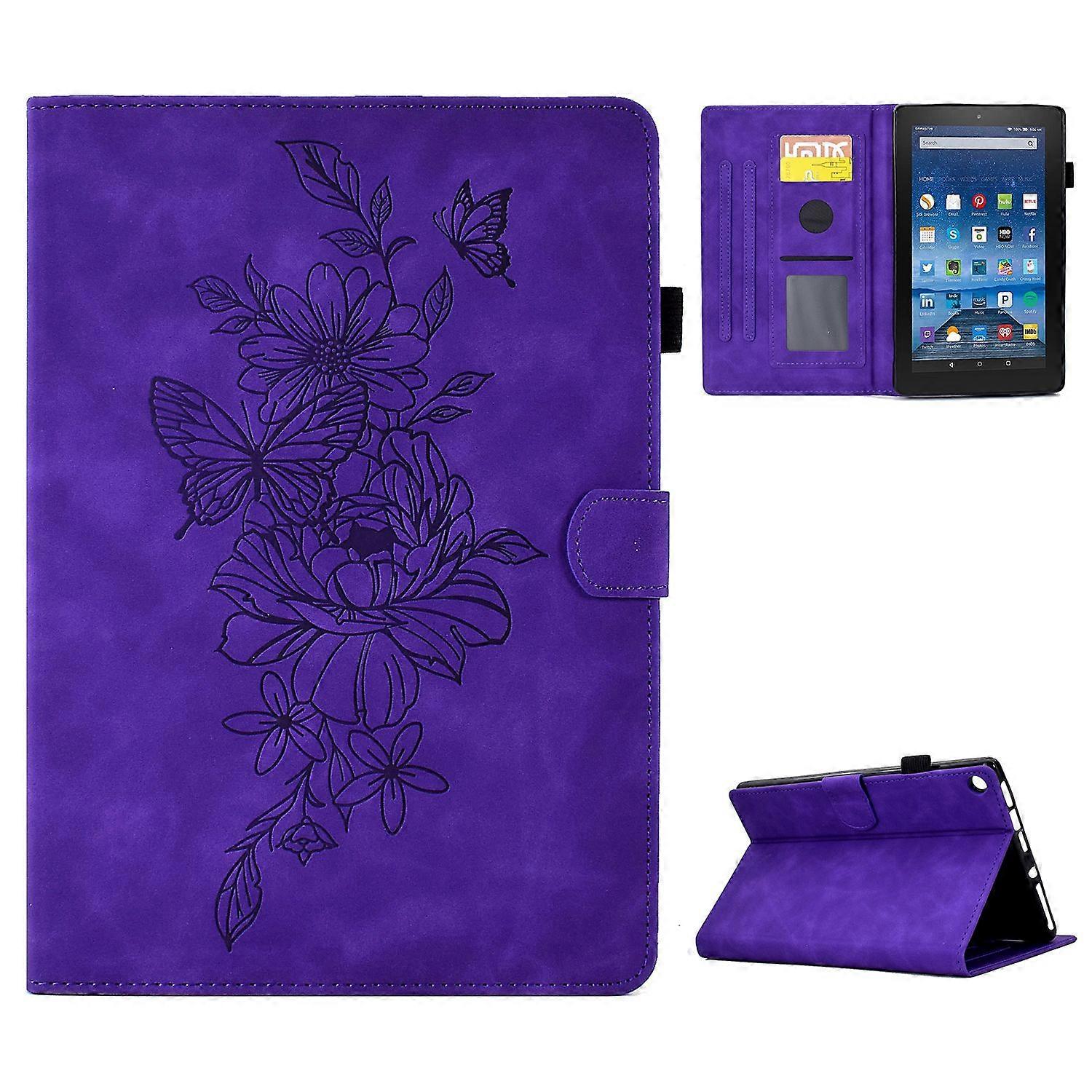 For Amazon Fire HD 8 (2016)/(2017)/(2018) Protective Case Butterfly Flower Pattern Imprinted Leather