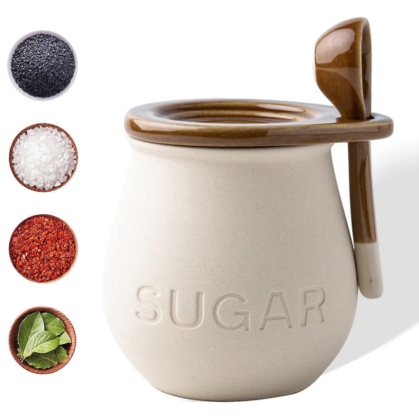 Ceramic Condiment Jar with Lid and Spoon, Vintage OffWhite Kitchen Storage Container