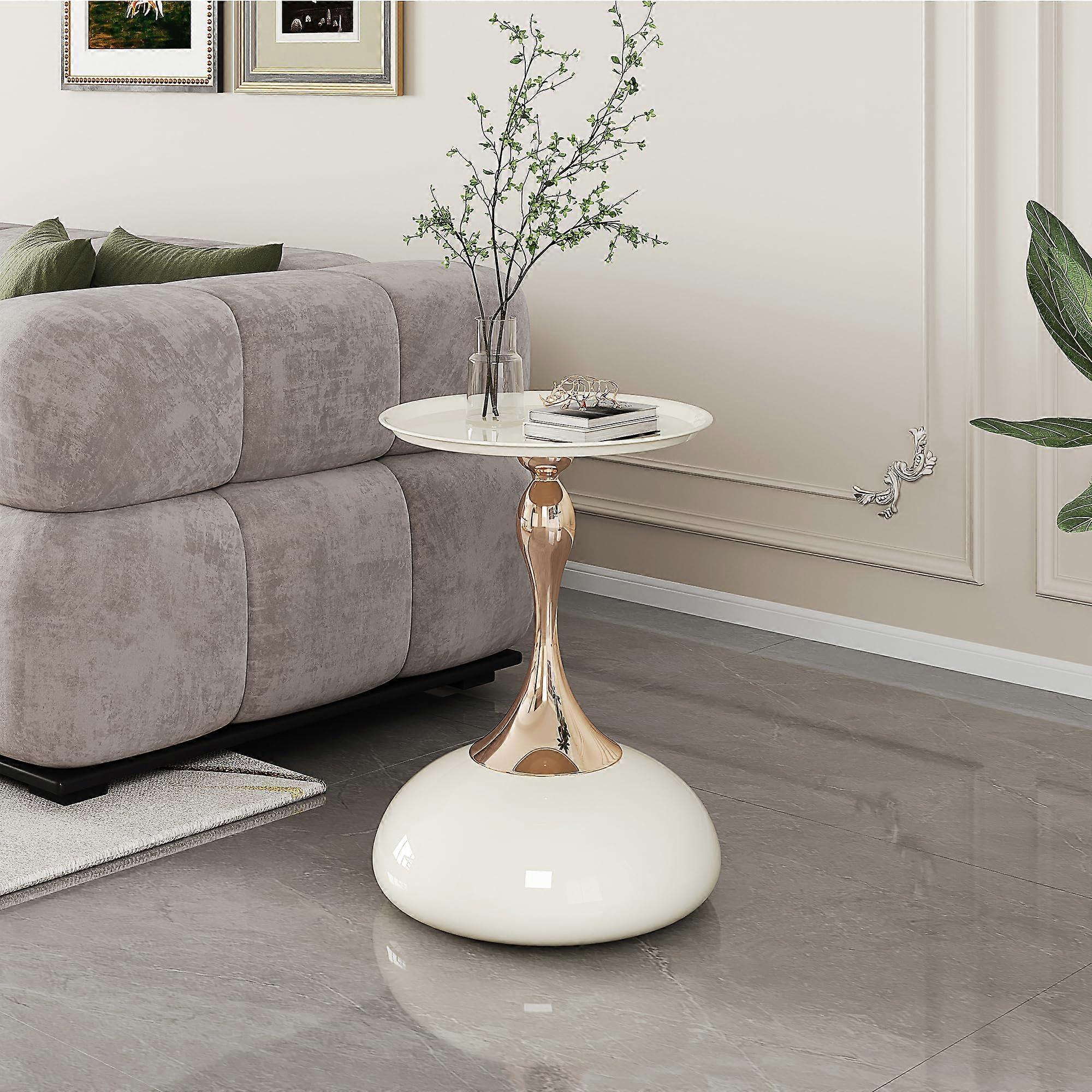 White Round Side Table for Small Spaces with Durable Metal Base, Modern Bedside Accent Table Type A