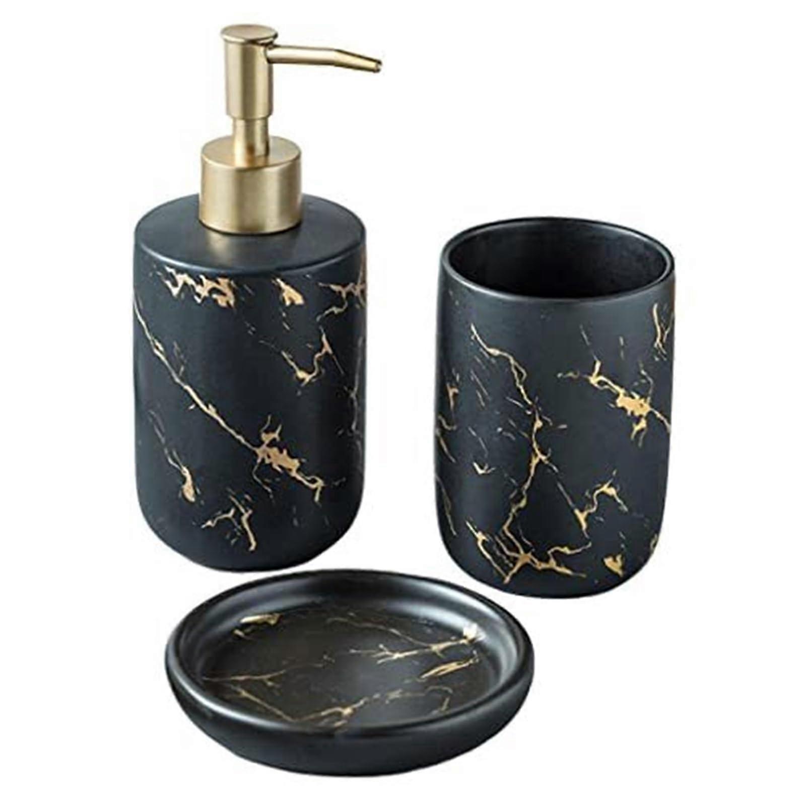 Bathroom Accessories Set Black Marble Look 3Piece Durable Ceramic Soap Dispenser Cup Dish