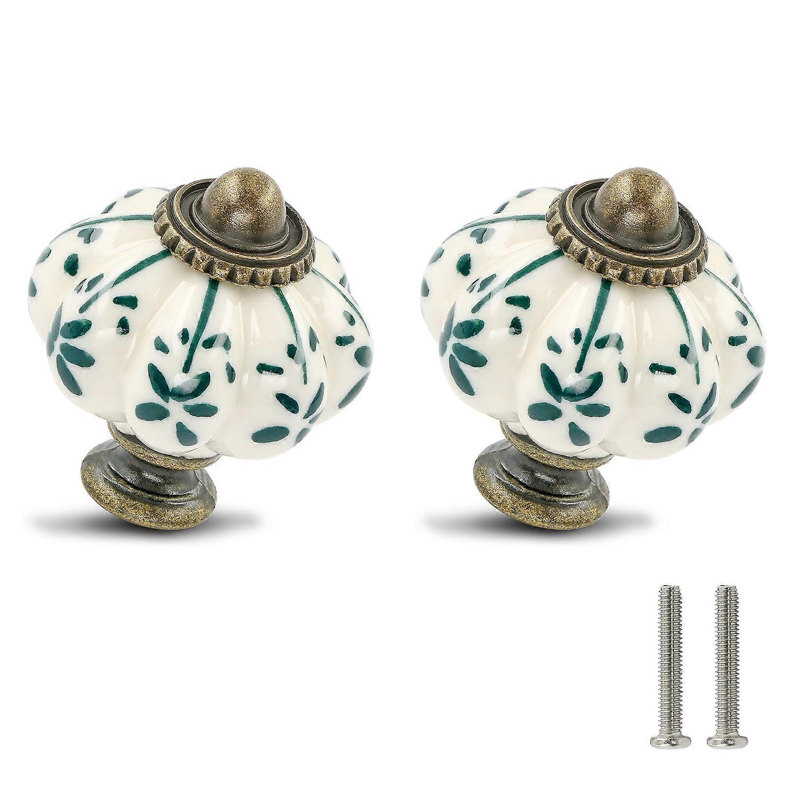 Ceramic Cabinet Knobs 12 Pack Ivory and Green Vintage Pumpkin Design Drawer Pulls with Screws