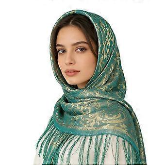 Silk Jacquard Square Scarf Ethnic Tassel Hijab Head Wrap for Women 85x85cm Green