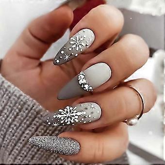 Christmas Almond Press On Nails with Snowflake Design Silver Glitter Fake Nails Reusable Set
