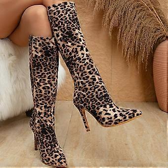 Ny stil design spiss tå tynne høye hæler kvinner knehøye støvler leopardtrykk sko glidelås lange støvletter zapatos mujer