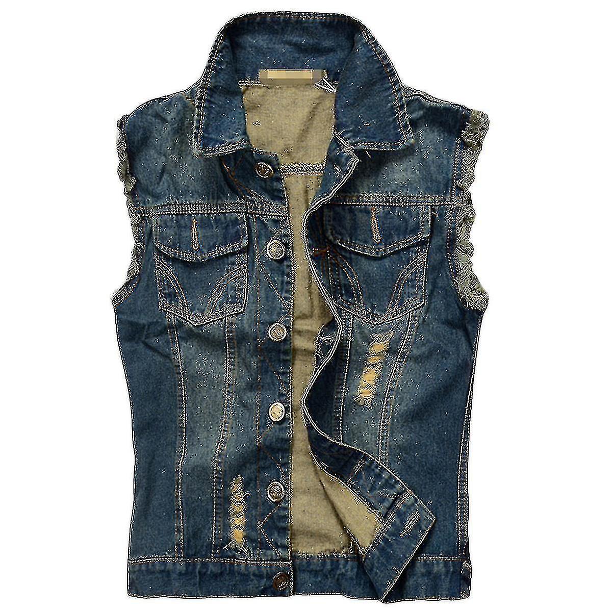 Men's Retro Casual Worn Sleeveless Denim Vest Qian V