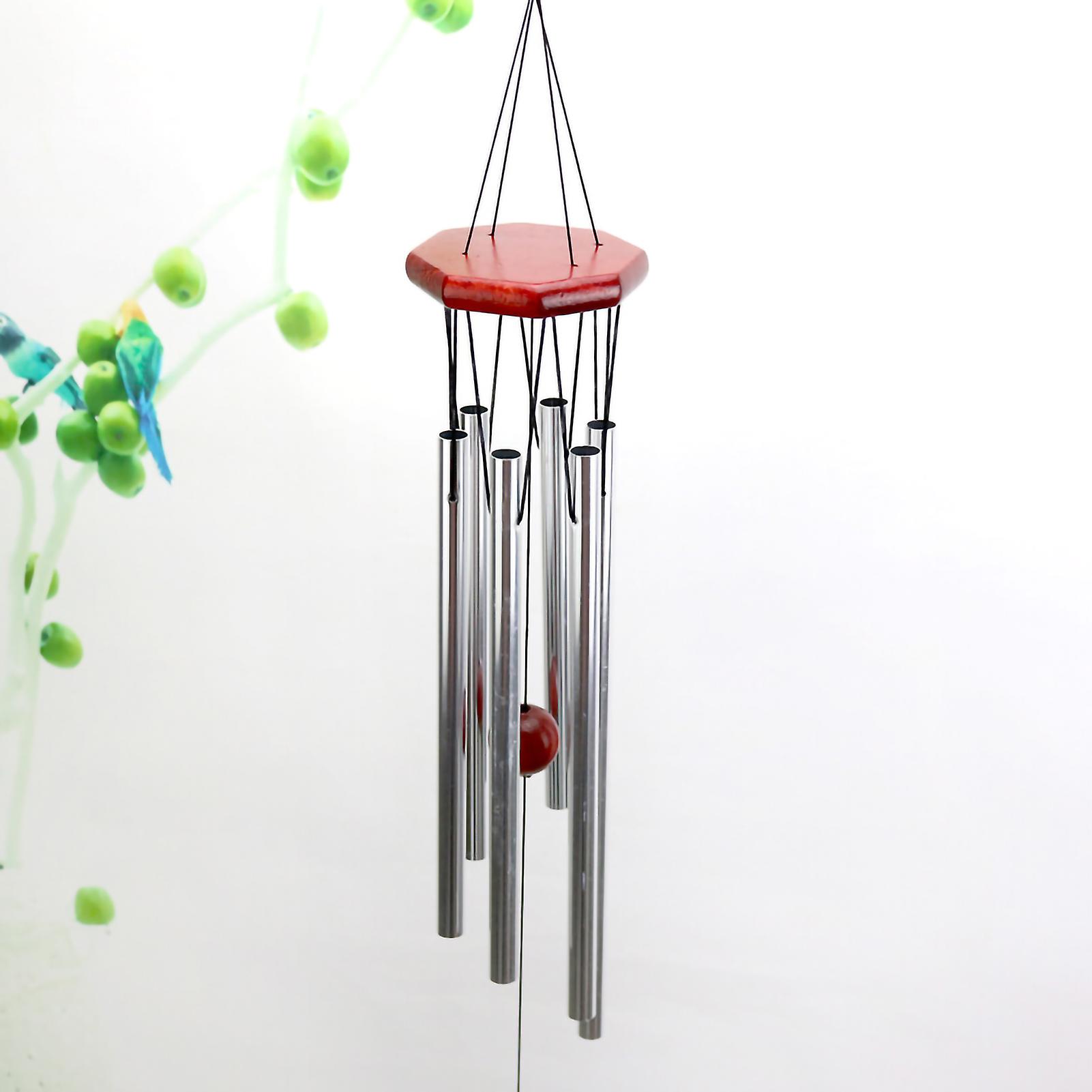 Decorative wooden wind chime with multiple aluminum tubes, ideal for a cabin, door, window or platform. Silver and white tube.