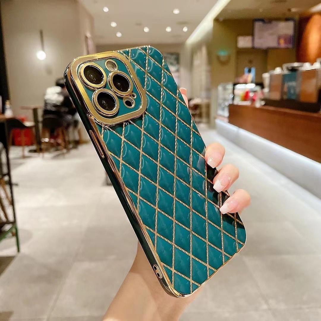 For iPhone 14 Pro Max Case Soft TPU Electroplated Phone Cover with Rhombus Pattern - Blackish Green