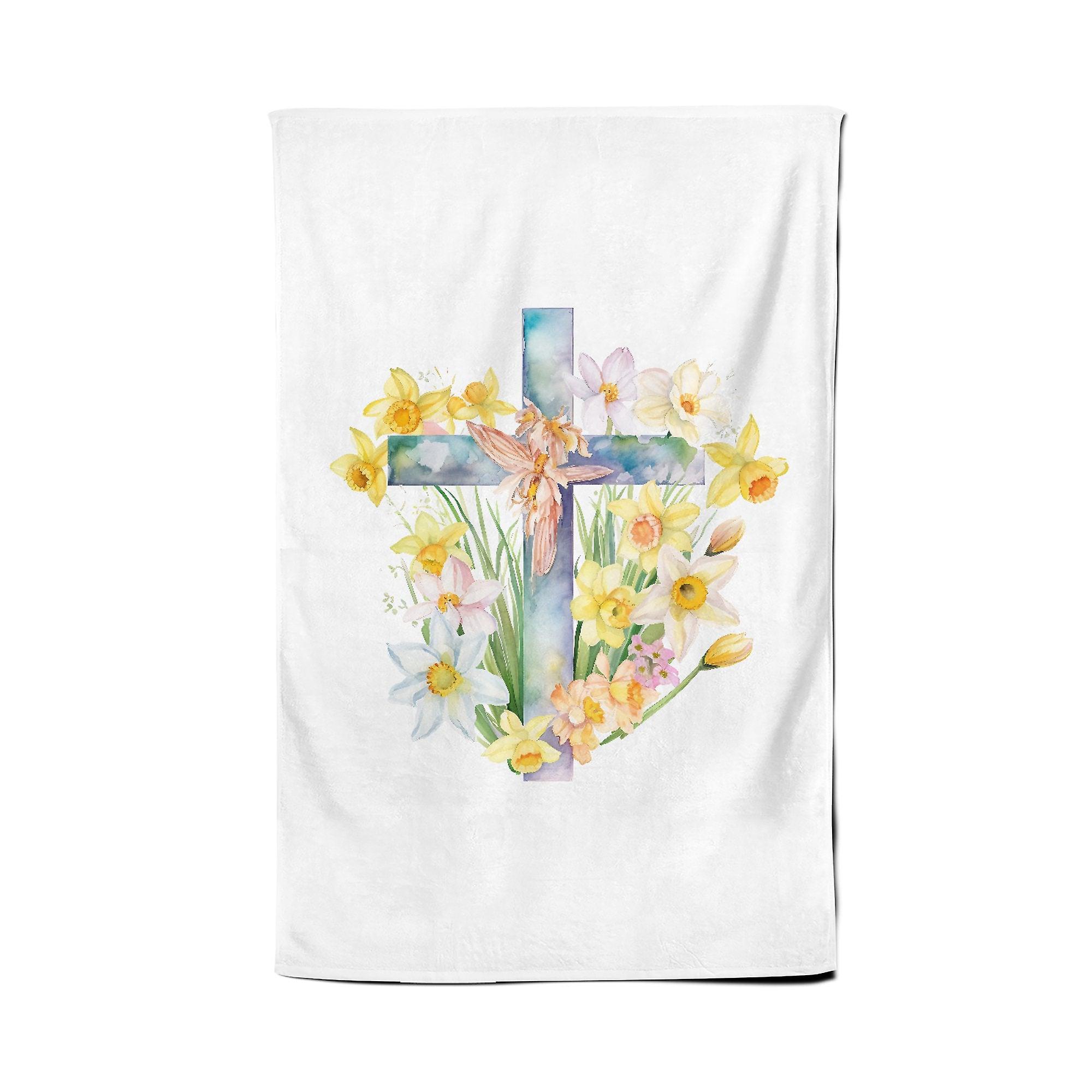Easter Cross With Daffodils Watercolour Tea Towel