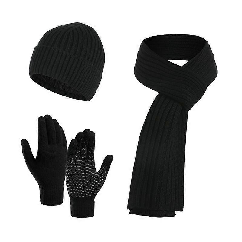 European and American winter hat, scarf and glove set, women's and men's warm knitted fleece hat, long scarf, touch screen glove set, wool lining