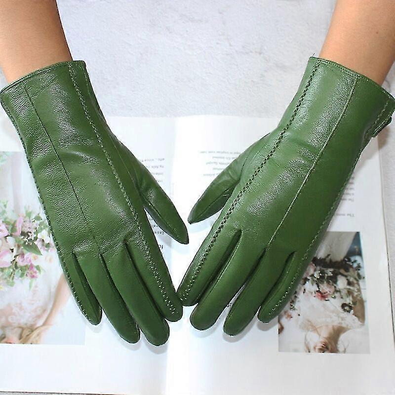 New Women Leather Gloves Color Short Sheepskin Striped Velvet