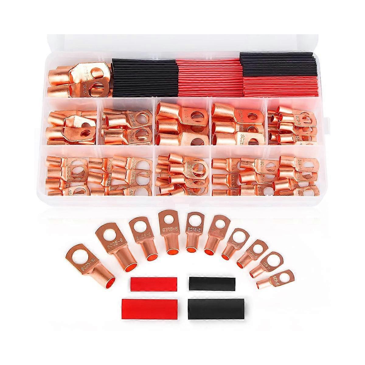 130PCS Copper Wire Lugs,Terminal Connectors,Used on AWG12 10 8 6 4 2 Cable,Heat Shrink Set,Ring Ter
