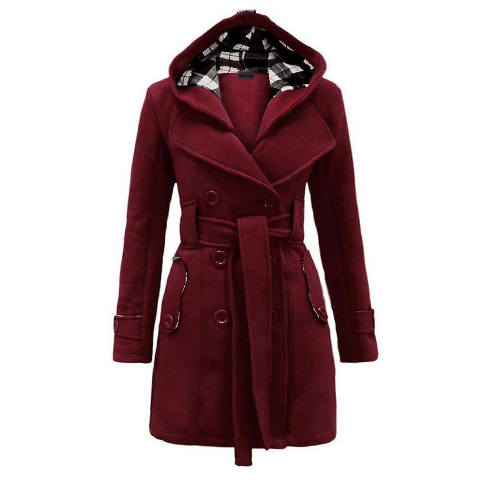 Hoodie feminino Casaco de ervilha duplo de peito duplo feltro longo com cinto de cintura