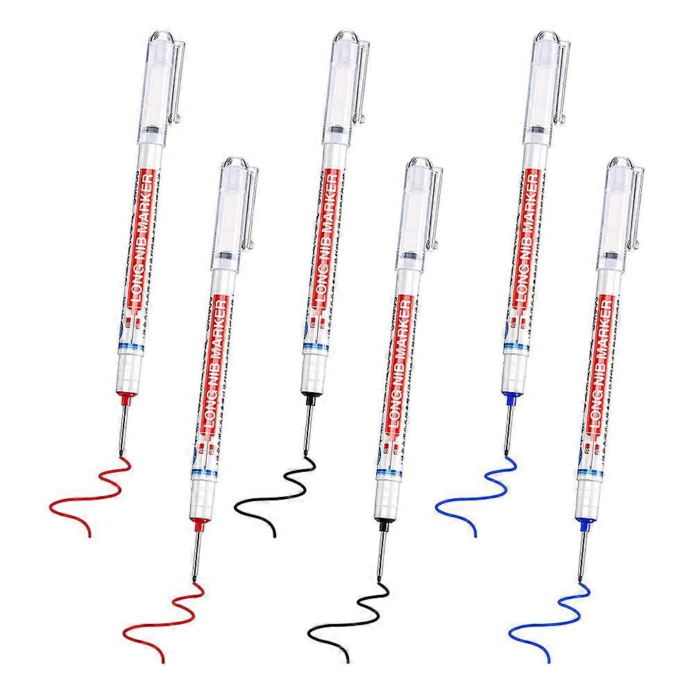 6Pcs Long Head Deep Hole Marker Multifunction Long Nosed Marker Deep Drill Hole Carpenter Mark Waterproof Marker Pen