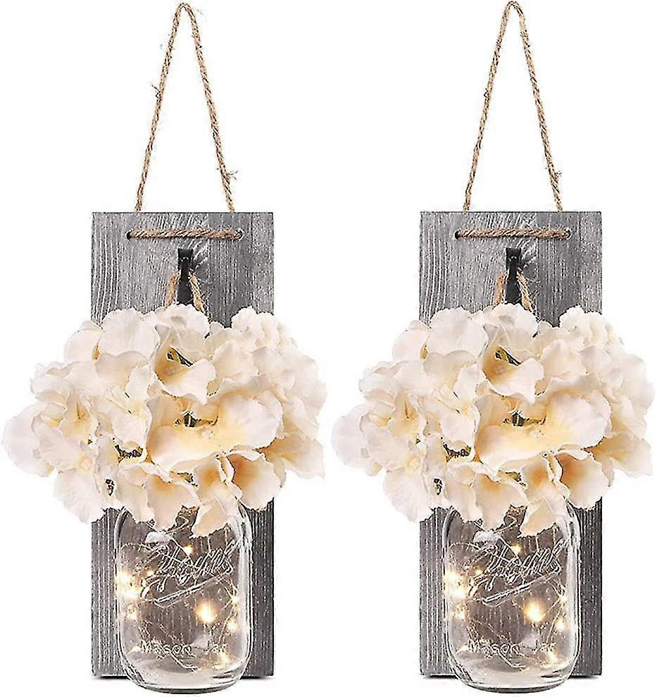 2 Rustic Mason Jar String Lights, Silk Hydrangea And Led String Lights Design For Home Decoration, Christmas Decoration, Wall Decoration And Wood Deco