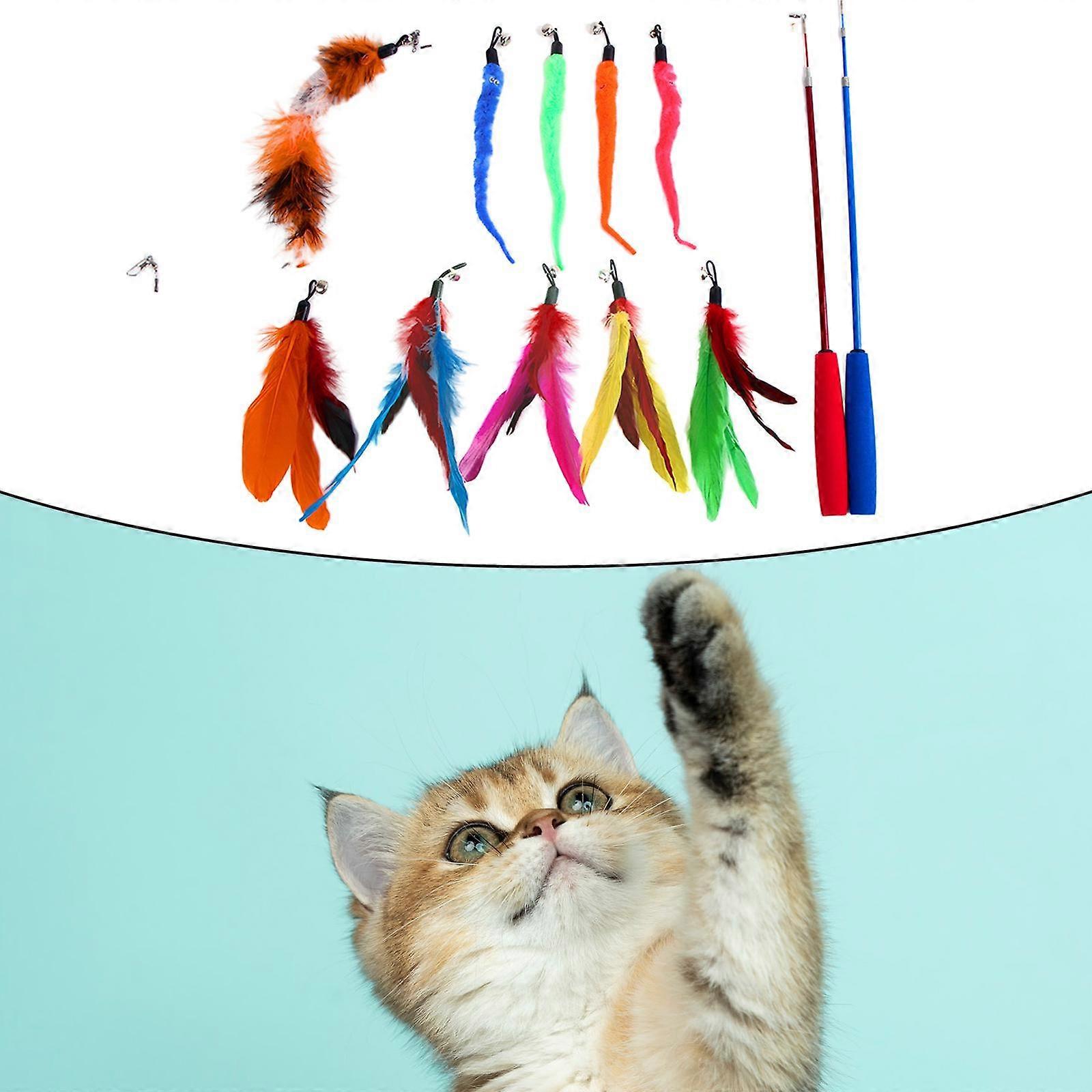 Cat Feather Toy, 2PCS Retractable Cat Wand Toys and 10PCS Replacement Teaser with Bell Refills, Interactive Teaser Funny Exercise for Kitten