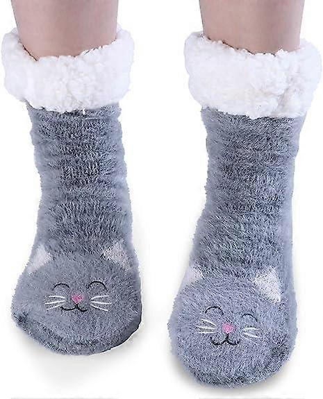 Womens Cat Fuzzy Slipper Socks With Grippers