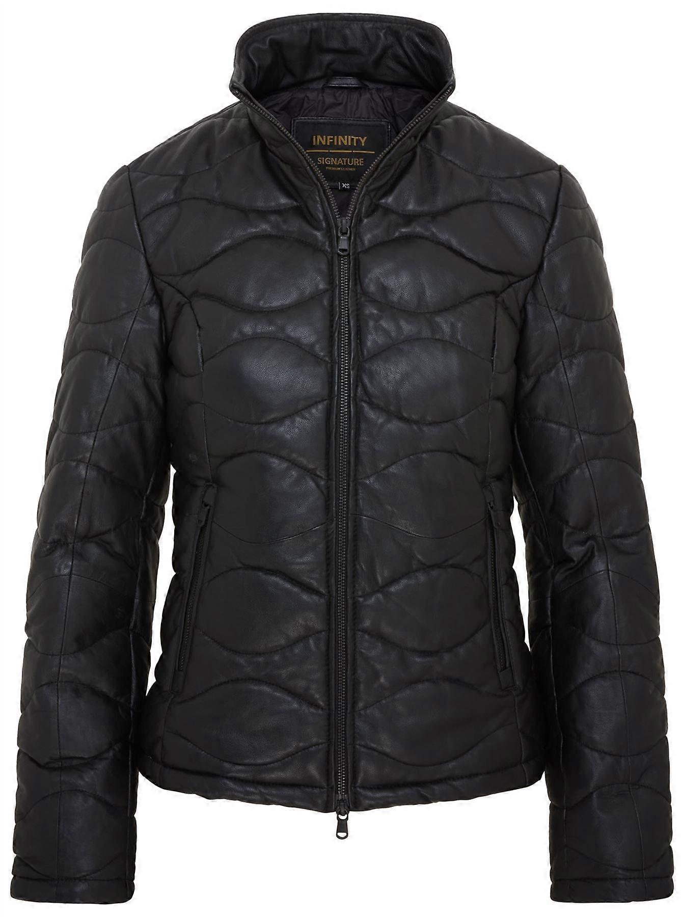 Womens Black Puffer Warm Quilted Leather Bomber Jacket