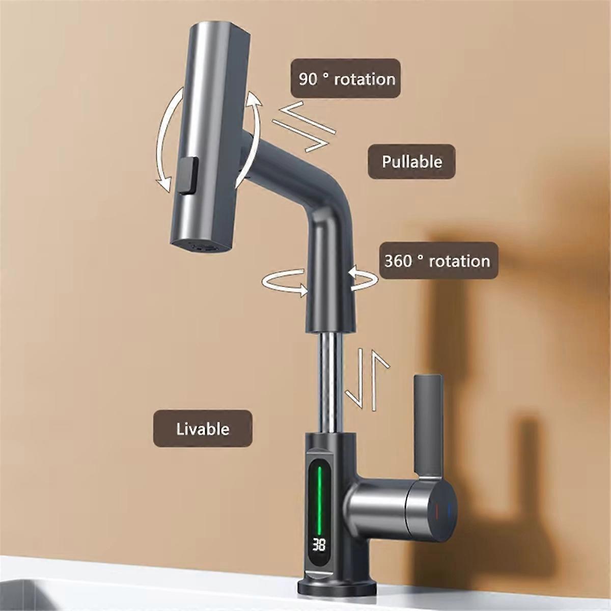 Waterfall Basin Faucet Pull-Out Kitchen & Bathroom Faucet Rainfall Temperature Digital Display No Battery Silver