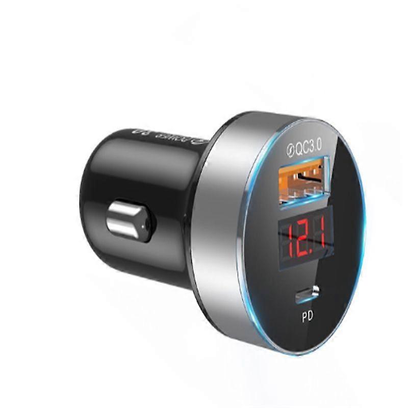 PD Car Charger Multifunctional Digital Display QC3.0 Single USB Car Fast Charger-Silver (One Set)