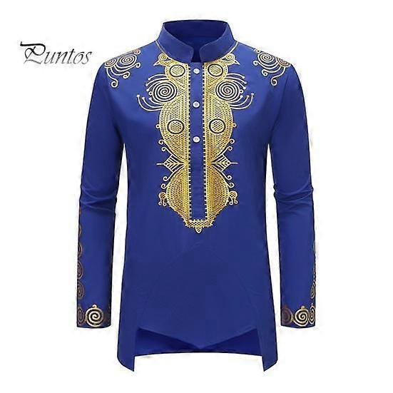 Men Spring Autumn Shirt Ethnic Style Stand Collar Buttons Neckline Long Sleeve Pullover Tops Printing Front Low Back High