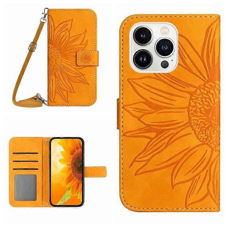 HT04 Compatible For iPhone 16 Pro Case Sunflower Imprint Leather Phone Cover with Shoulder Strap