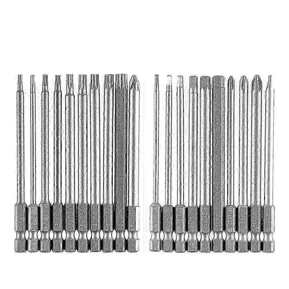 Bit Set Lang, Magnetische Bit Set 20 Stuks 100mm, Torx Bit T8-t40, Hex Bit H2-h6, Ph1 Ph2, Pz2, Slotted Bit, 1/4inch Hexagon