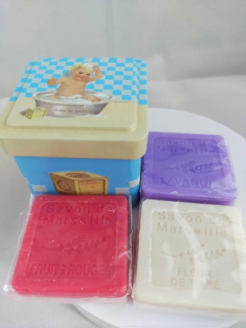 Metal soap tin square with print Bébé bleu with 3 guest soaps - Vintage stock tin - French h