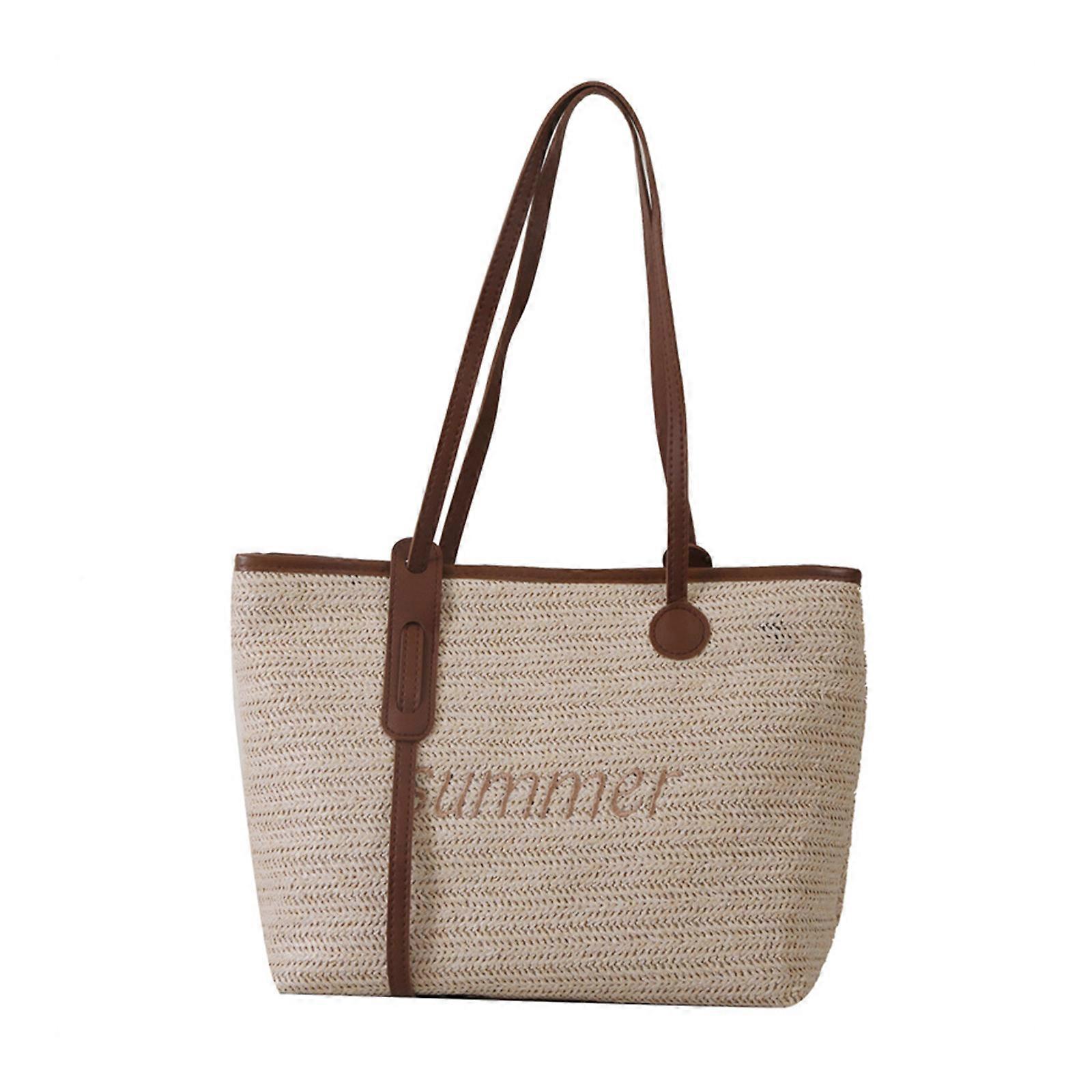 Elegant Straw Handbag for Women Large Capacity Woven Tote Shoulder Bag with Zipper Perfect for Daily Use and Travel  Coffee