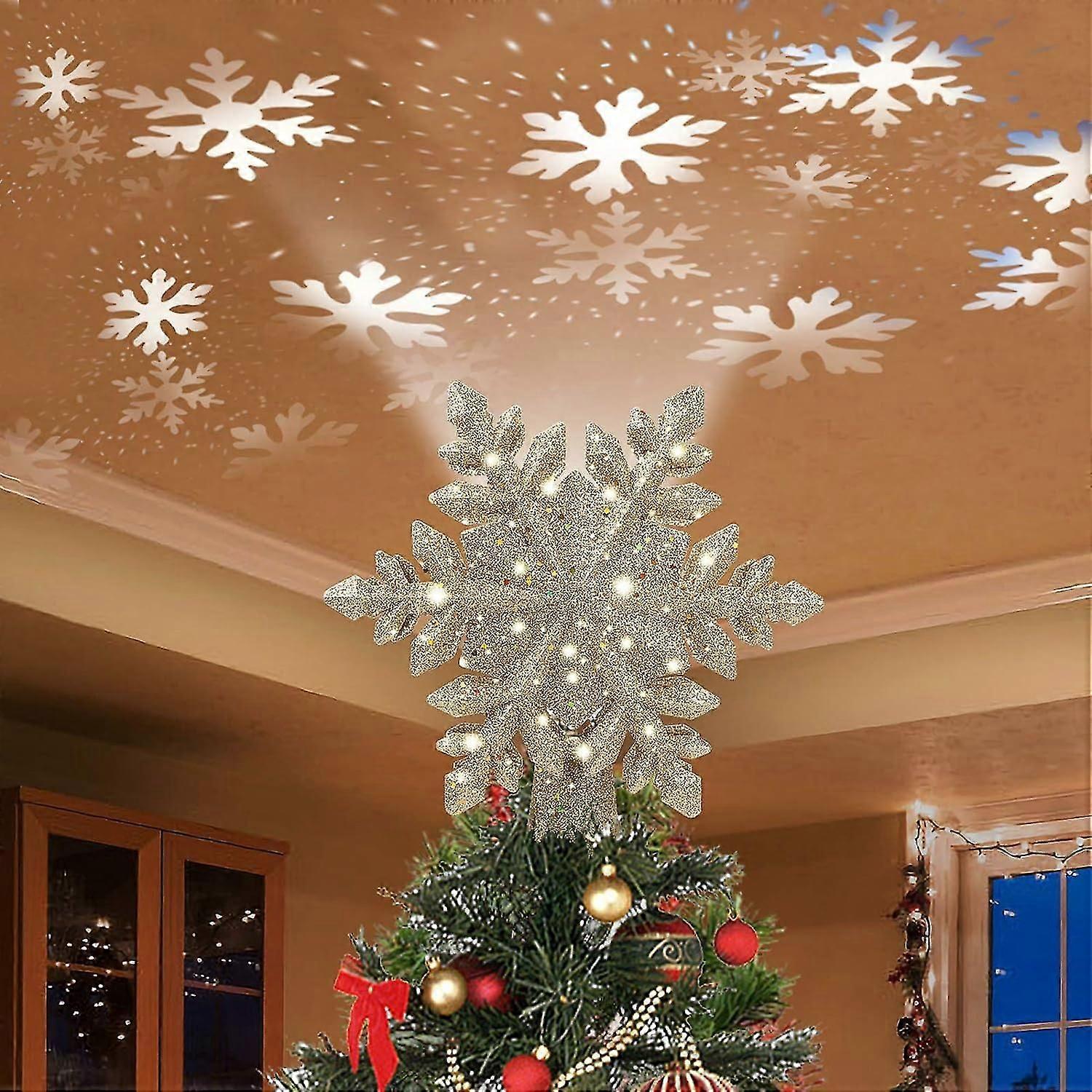 Heyone Christmas Tree Topper Lighted With Golden Snowflake Projector, Led Rotating Magic Snowflake, 3d Hollow Glitter Lighted Gold Snow Tree Topper Fo
