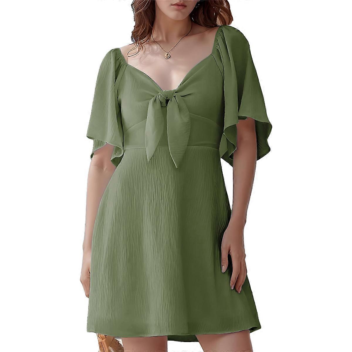Deep V Neck Elegant Bow Tie Mini Dress Green XL