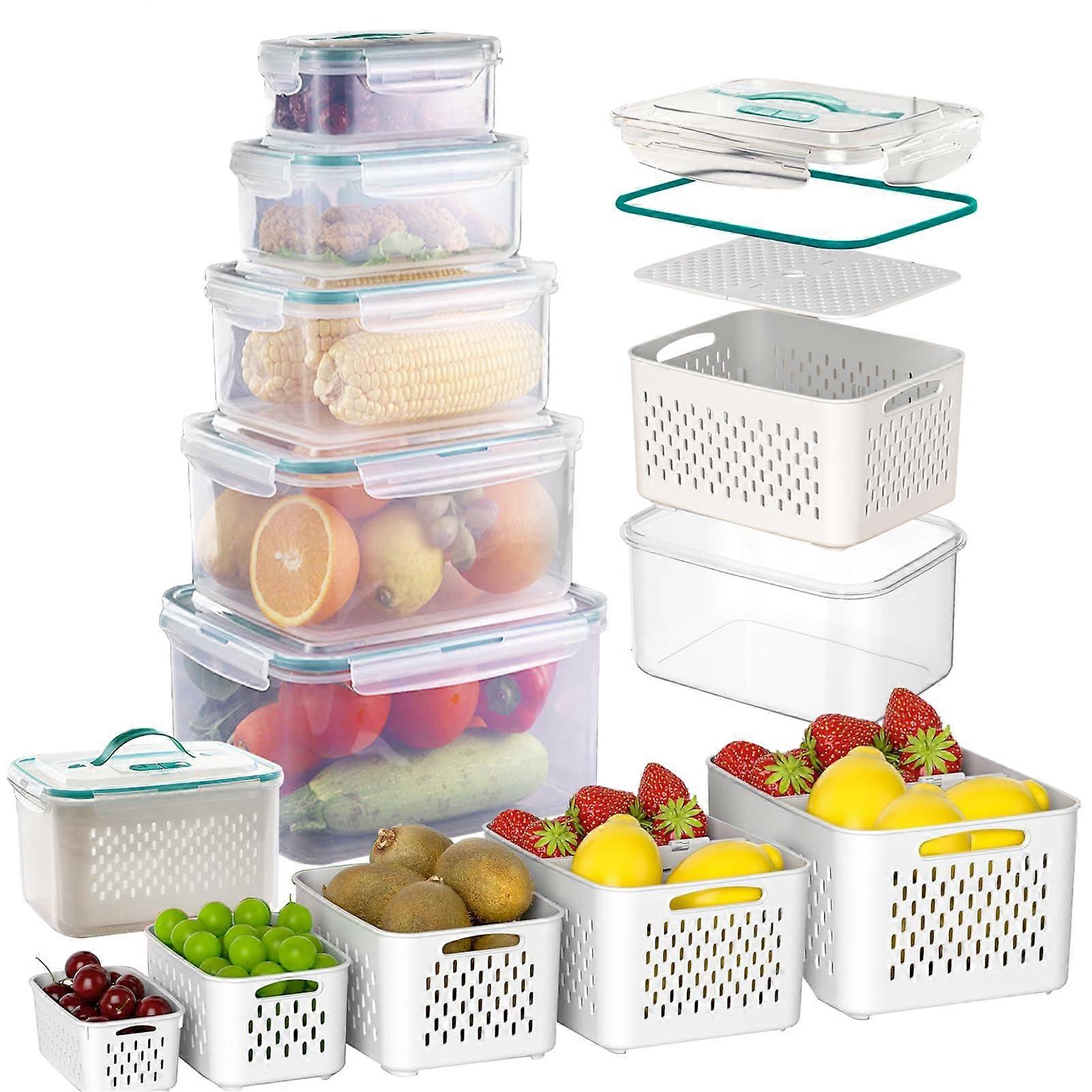 Fruit Storage Containers For Fridge Set Of 5 Upgraded With Removable Colander Lid Vent Handle Divider Plate Leakproof
