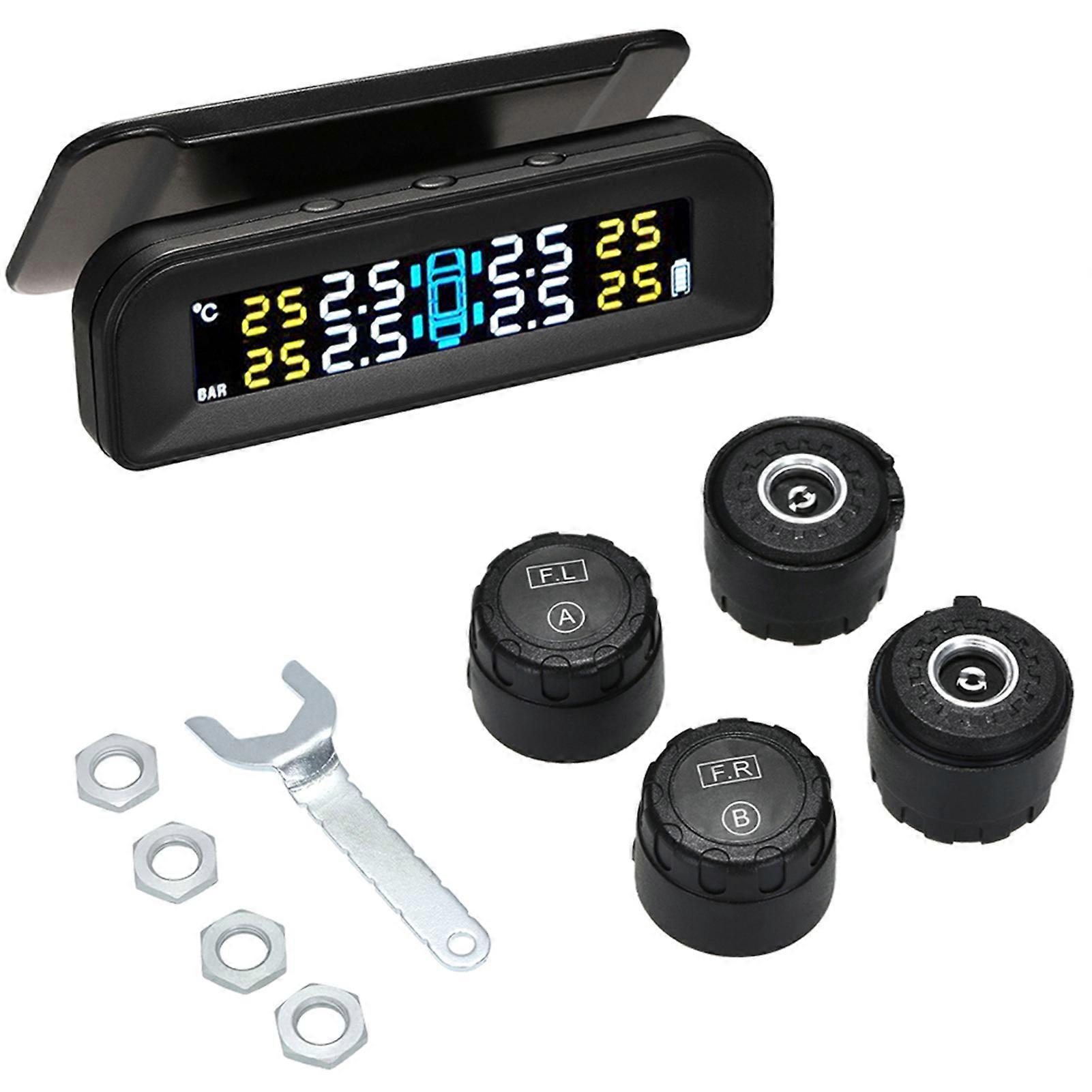 Tire Pressure Monitoring System Wireless Real-time Solar Energy LCD Display 4 External Sensors Alarm Function