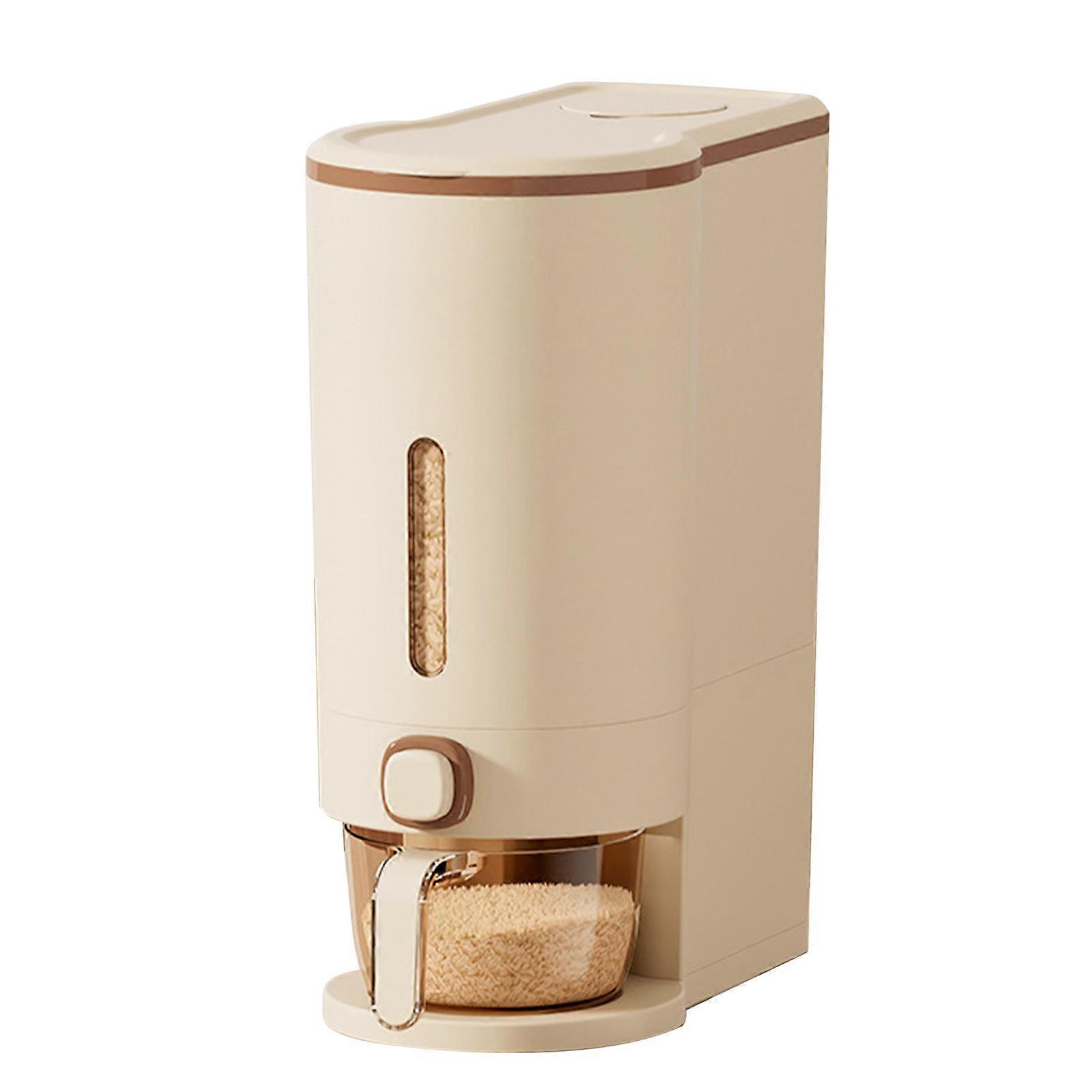 Press Rice Dispenser with Measuring Cup Transparent Window Detachable Sealed Grain Storage Container 10KG Capacity Brown