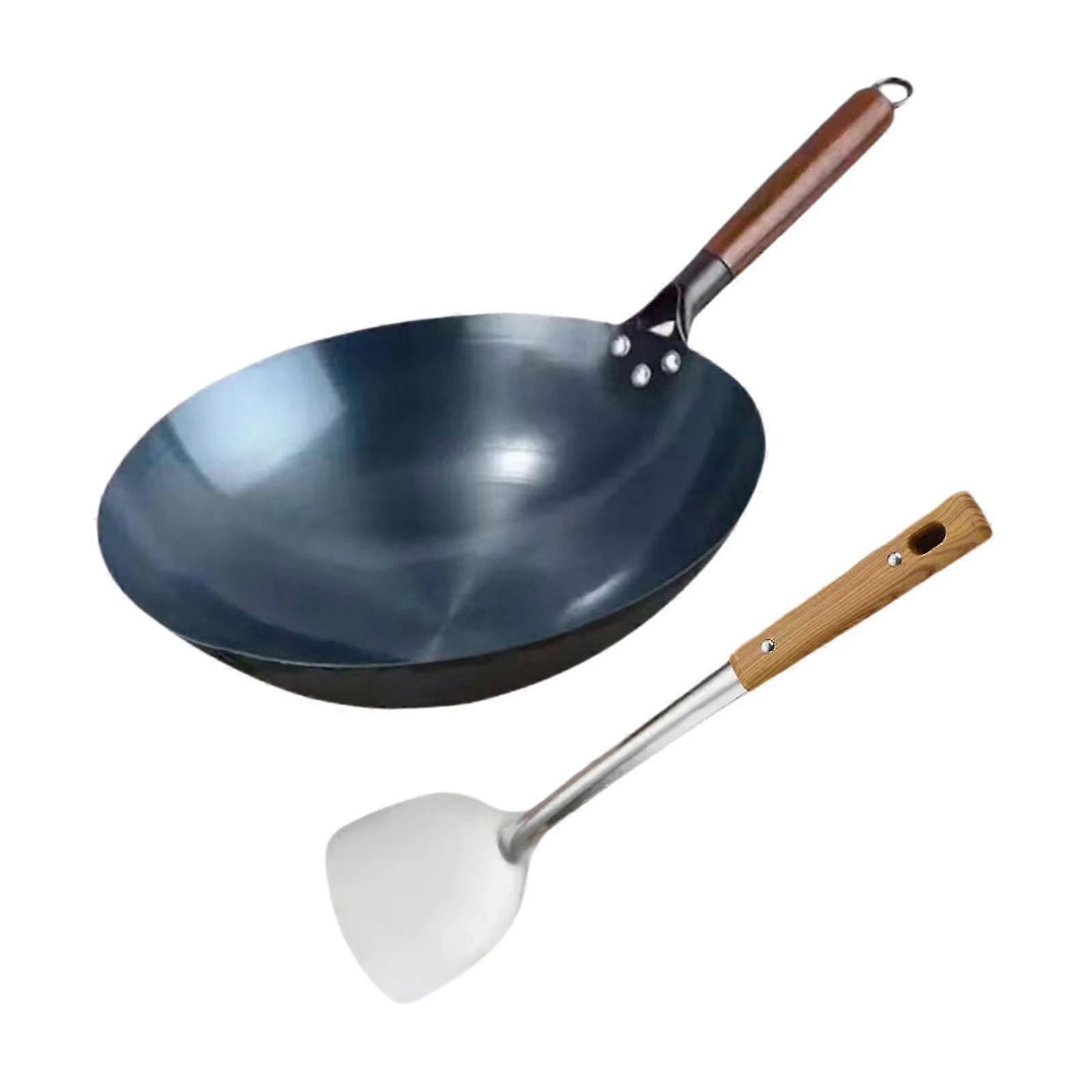 Manual Forged Iron Wok Pan with Wooden Handle, Uncoated Round Bottom Skillet for Universal Cooking and Stir Frying