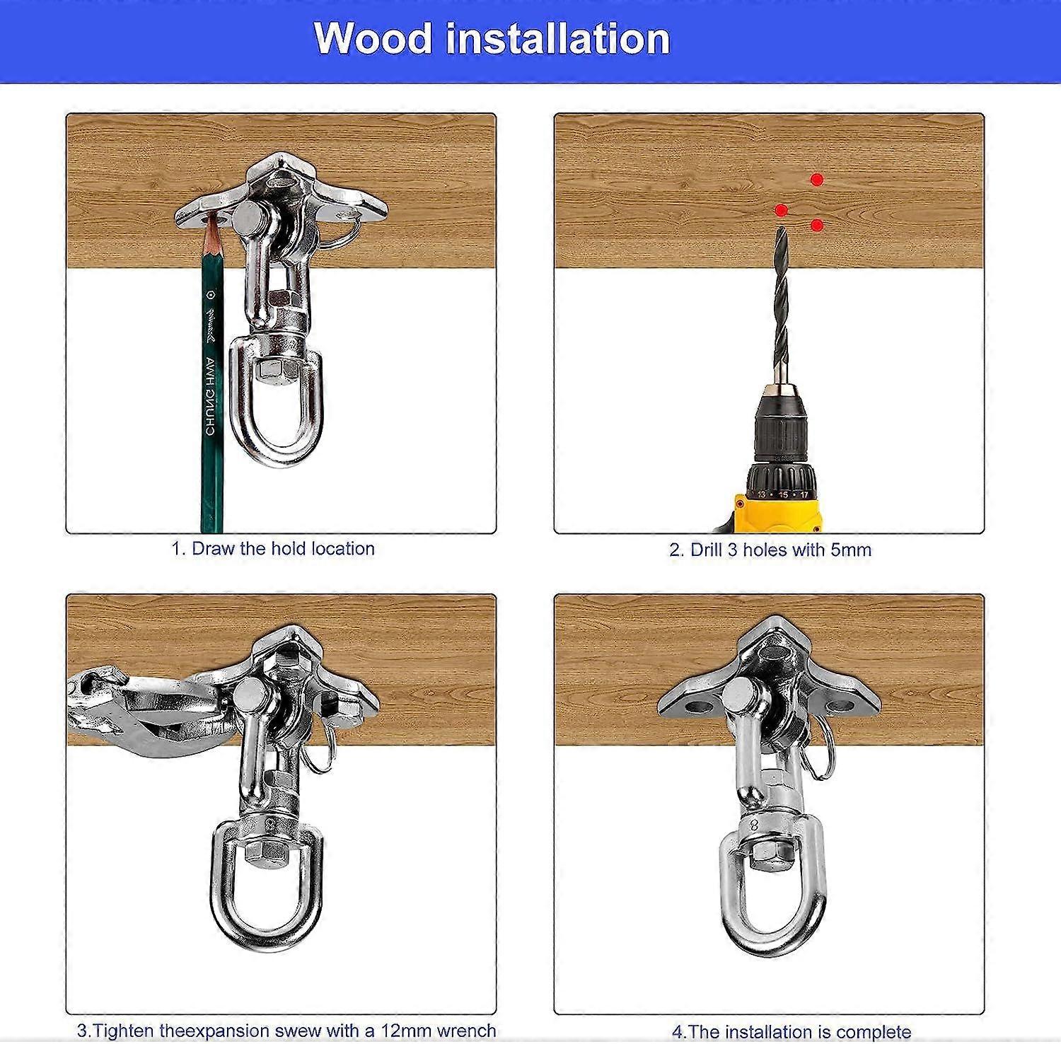 Hook, SUS304 Stainless Steel 450kg Capacity 360 Swivel, Concrete Wood Ceiling Set Hammock Hook Kit with Screws