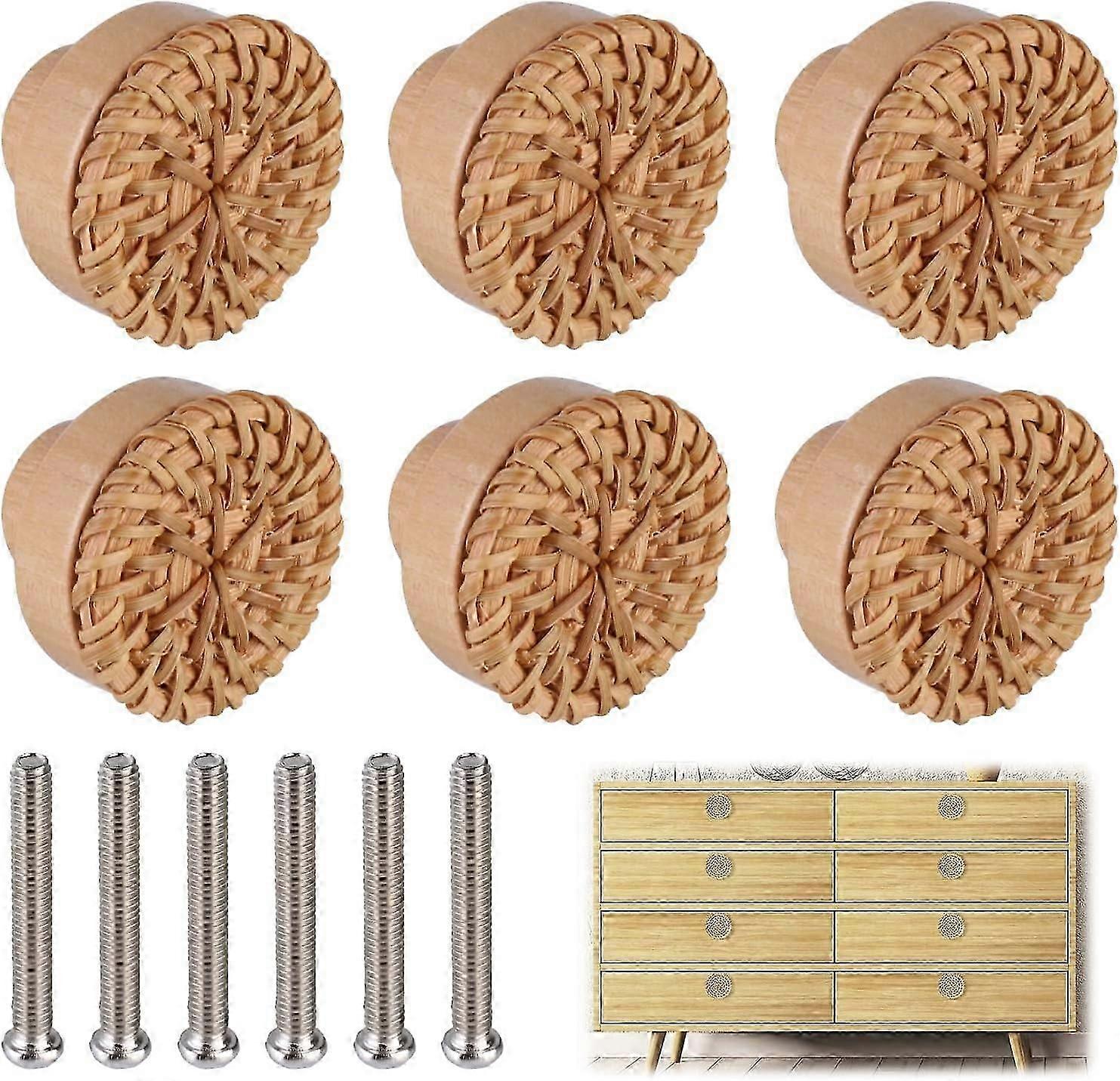 حزمة من 6 مقابض أثاث الروطان درج مقابض الطراز البوهيمي جولة درج خشبي مقبض مقابض الباب مقابض الباب الخشبية لخزانة خزانة ملابس المطبخ Cupboa