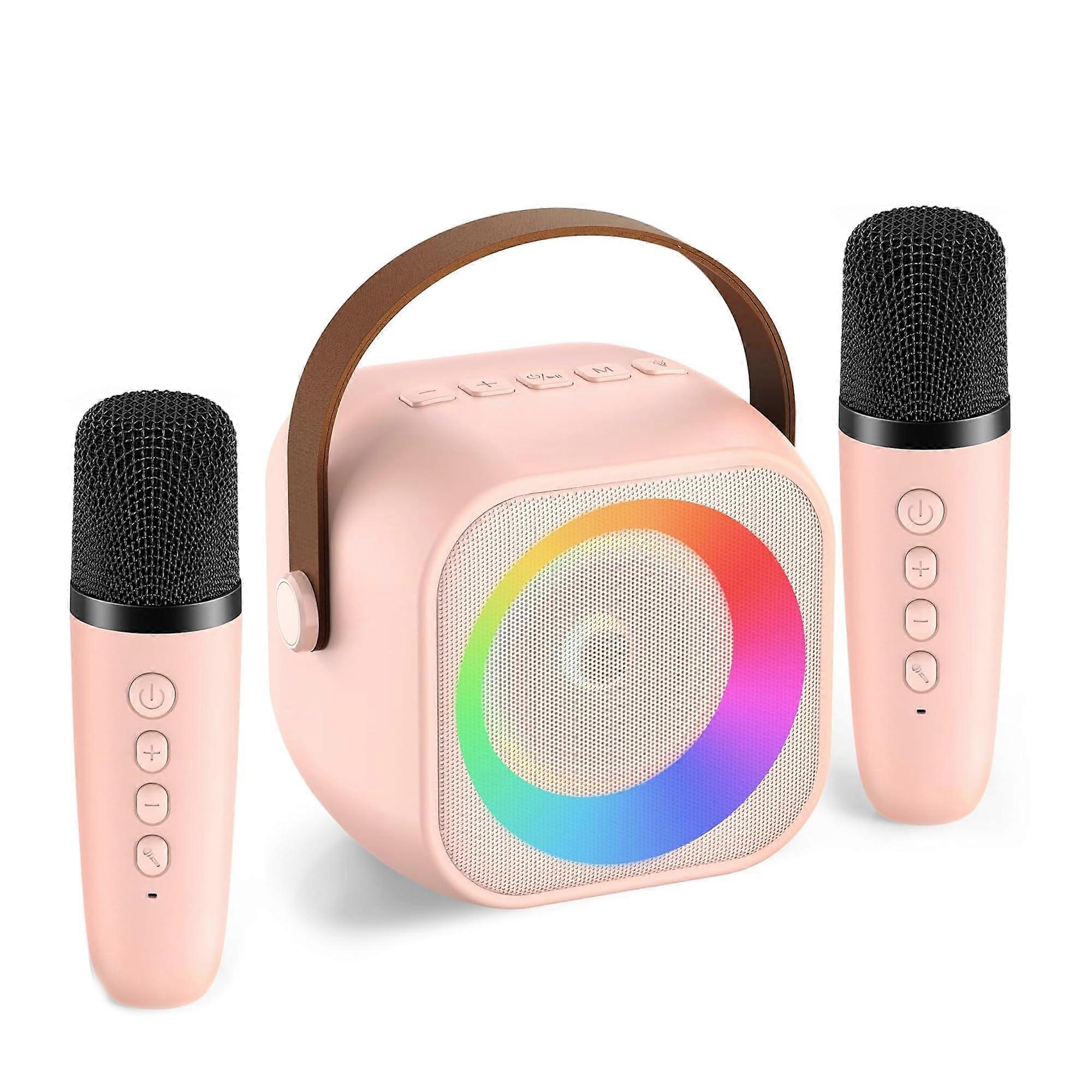 Karaoke Machine Bluetooth Speaker with 2 Wireless Microphones and LED Lights for Kids and Adults Home Party Pink