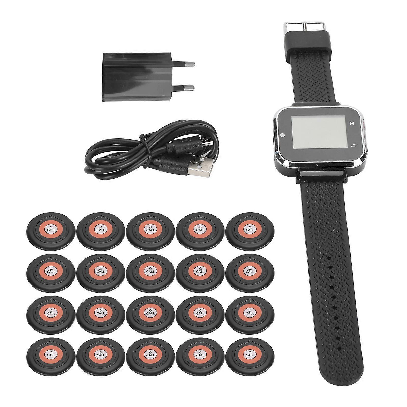 Wireless Call Button Watch System with 20 Pagers Waterproof Rechargeable LCD Display