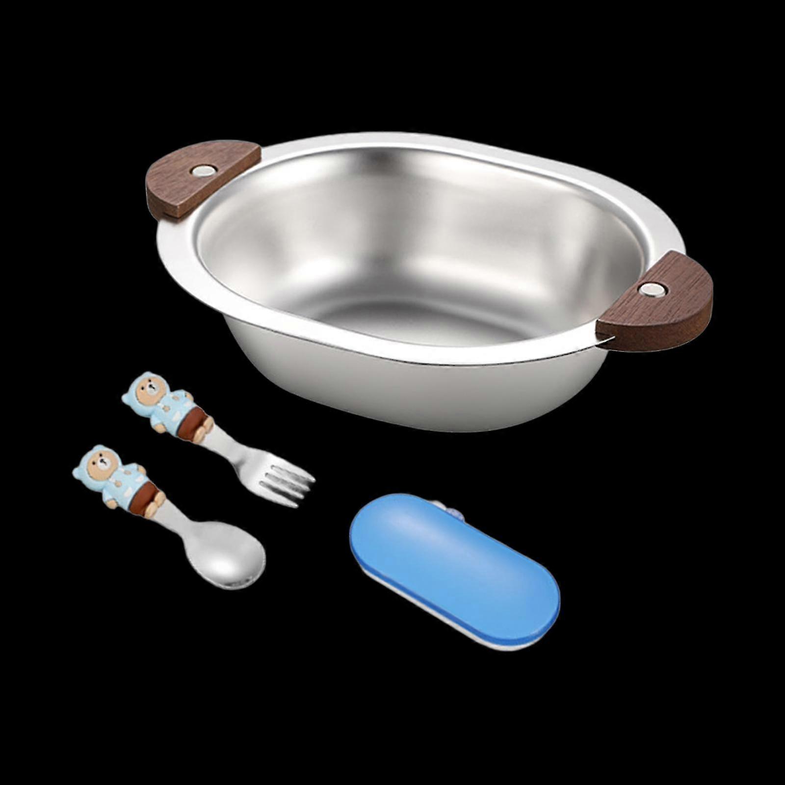 Stainless Steel Easy to Clean Bowl for Soup and Salad, Suitable for Babies and Kids, Includes Blue Fork, 2 Handles