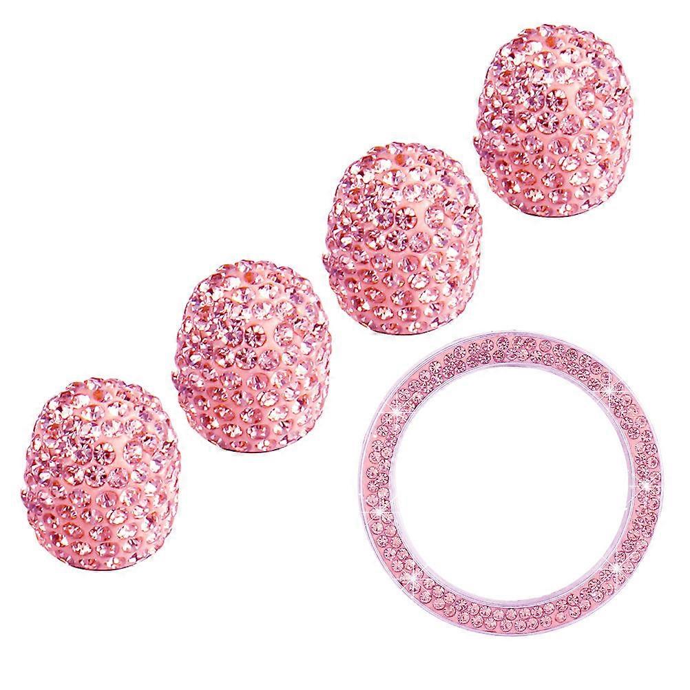5pcs Rhinestone Car Stem Cap Set with Ignition Button Ring Tire Dust Caps Sparkling Decorative Accessory for Car Start Key Durable Design