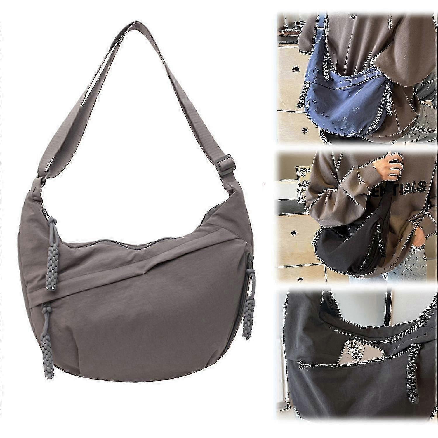 女性のためのナイロン三日月形クロスボディバッグ、調節可能なショルダーストラップチェストバッグ-グレー