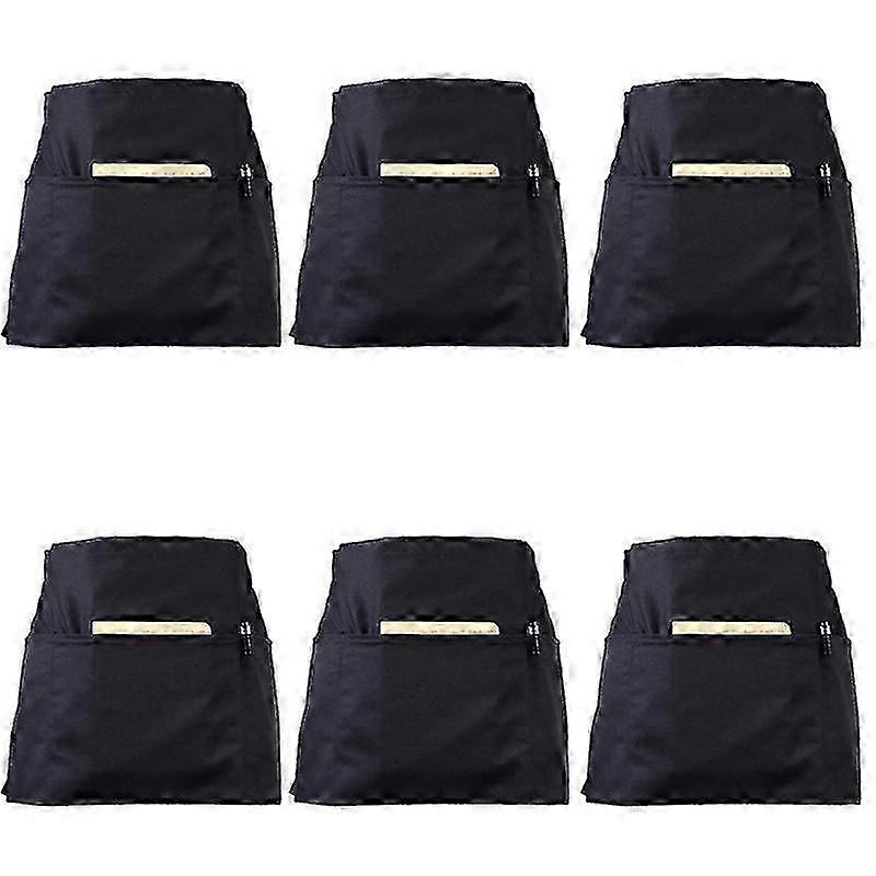 6 Pack Black Waist Apron with 3 Pockets, Half Apron for Waitress Waiter Server Bartender, 24x12 Inch