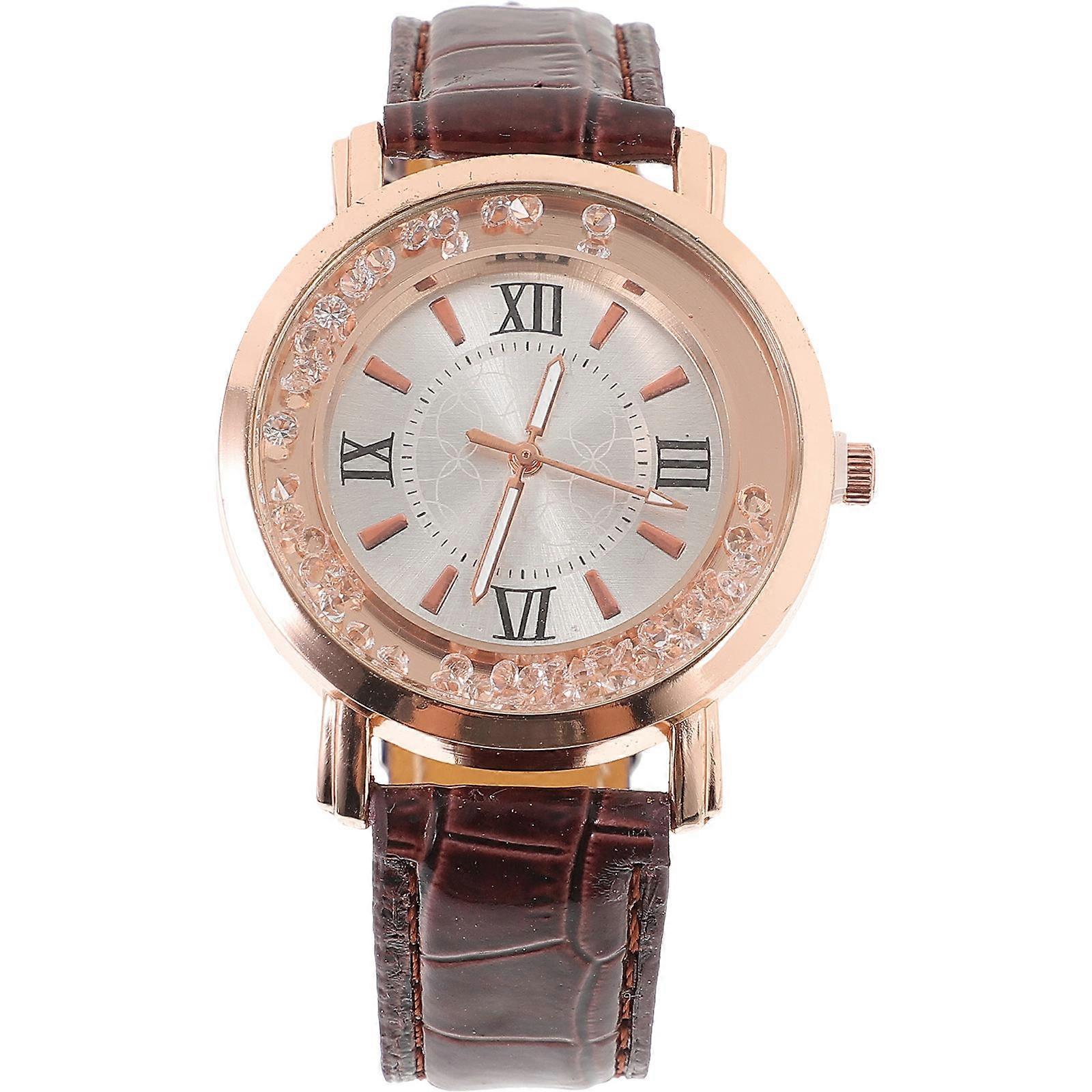 Female Watch Women Wrist Watch Quartz Movement Round Shape Rhinestone Decoration for Coffee Color Band Width 1.8Cm 1Pack