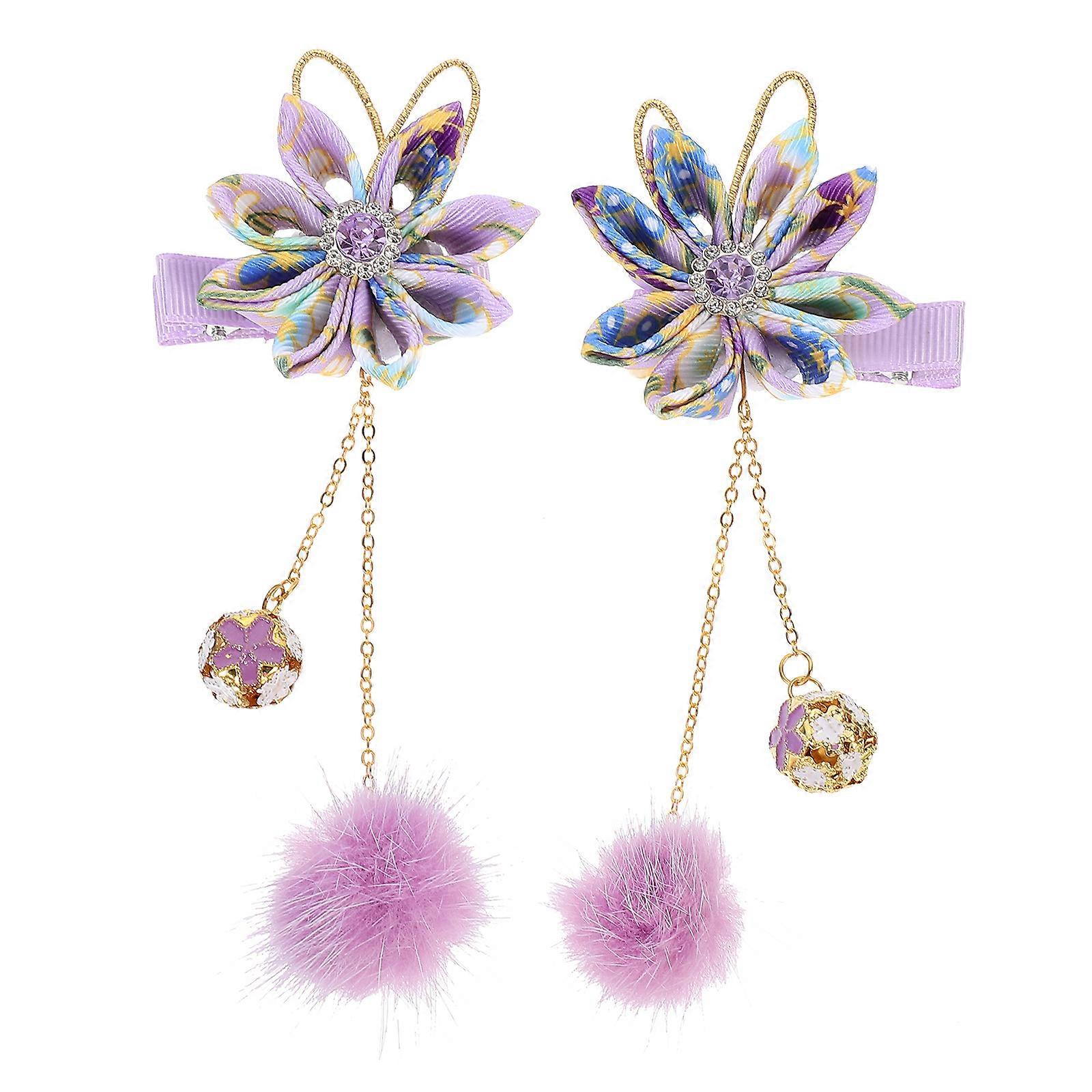 Durable Flower Hair Clips with Dangle Purple Fabric for Women 2 Pieces