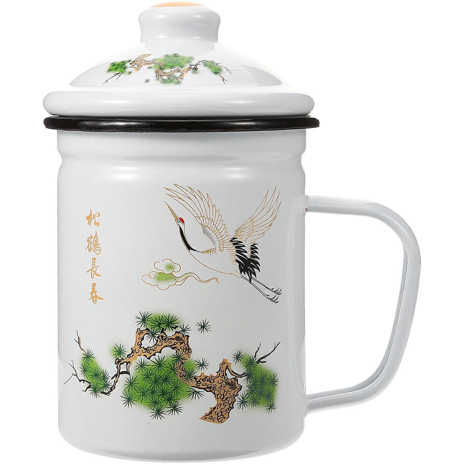 Loose Leaf Tea Cup Enamel Mug Retro Crane Pattern Home Office Use Multi Color 16.50X13.00X8.50CM 700ml Filter 1Pack