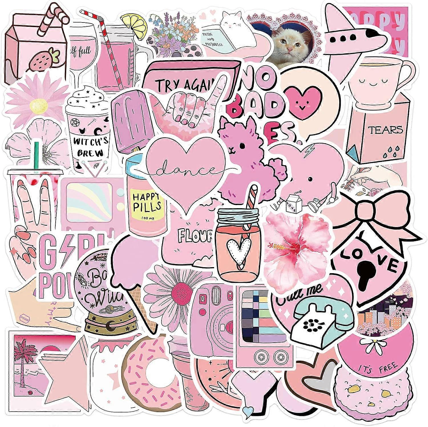 50 Pcs Kawaii Pink Stickers - 귀여운 미적 VSCO Grils Preppy 스티커 물병, 노트북, 수하물