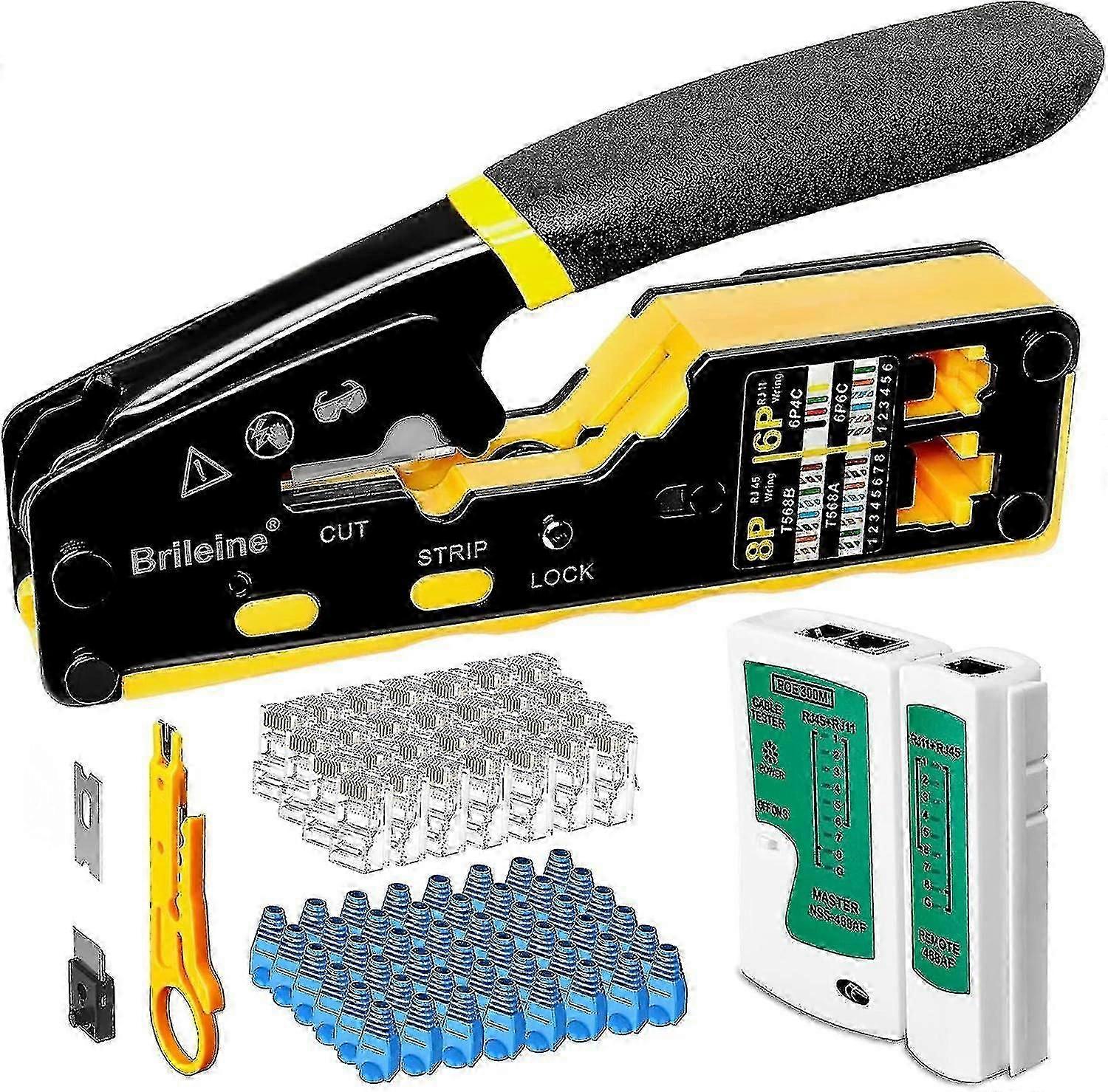 Rj45 krimpovací nástroj projít sadou Ethernet Crimper Cat5 cat5e cat6 krimpovací nástroj pro rj11 / 12 6p / 8p se síťovým lan kabelovým testerem, 50ks konektory cat6