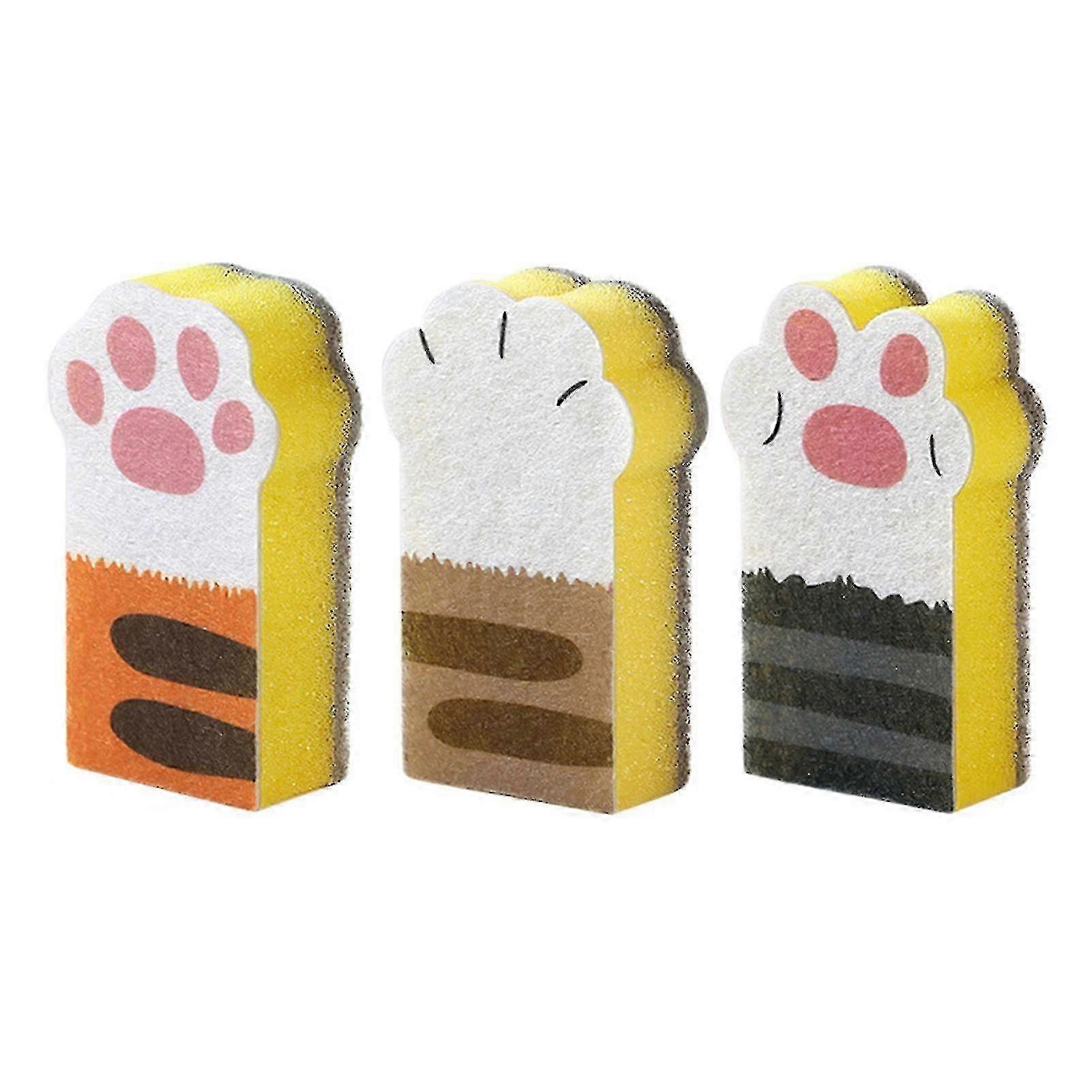 3pcs Cat Claw Design Non-scratch Dishwashing Scrub Sponge Kitchen Cleaning Tool