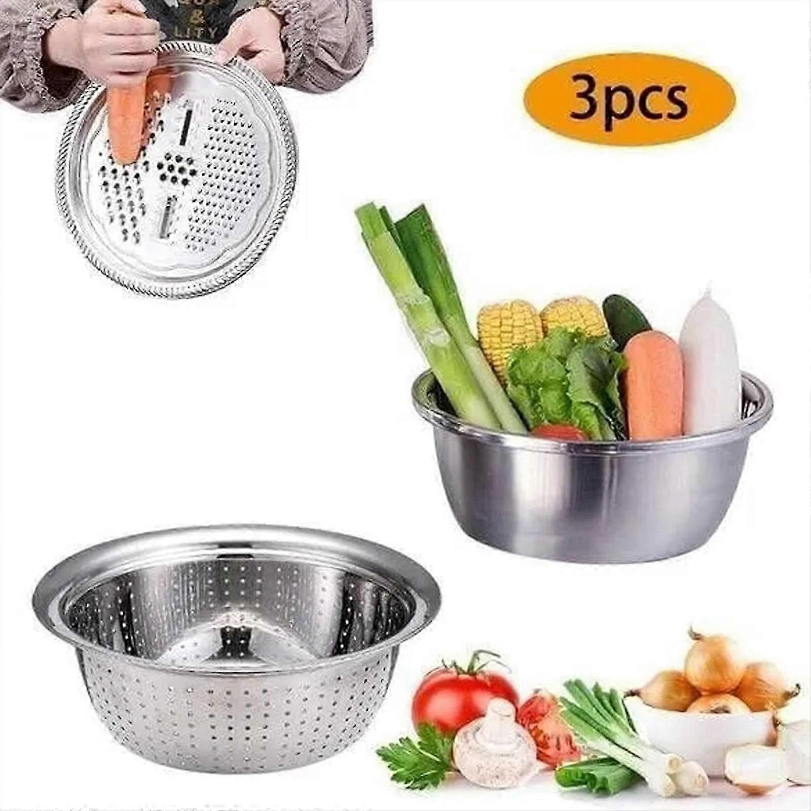 Multifunktionales Edelstahl-Waschbecken-Set, Siebsieb-Set, Salatschleuder, Obst-Gemüse-Reiswasch-Siebkorb-Schüssel
