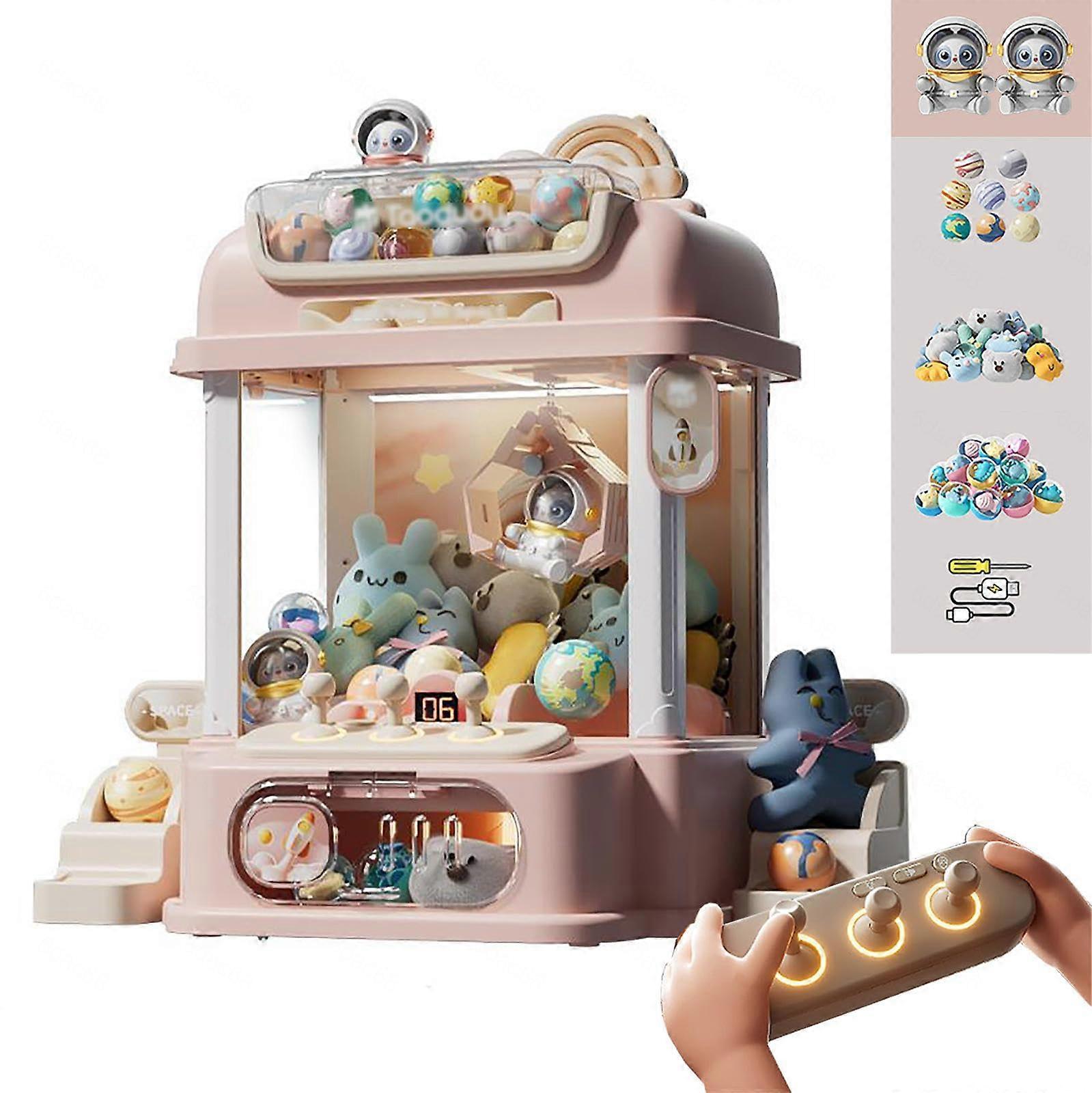 Children's Grasping Machine with Remote Control, Pink Sweets Grasping Toy with Lights, Music, 2 Panda Dolls, 25 Dolls, 20 Gashapons for Ages 4-12